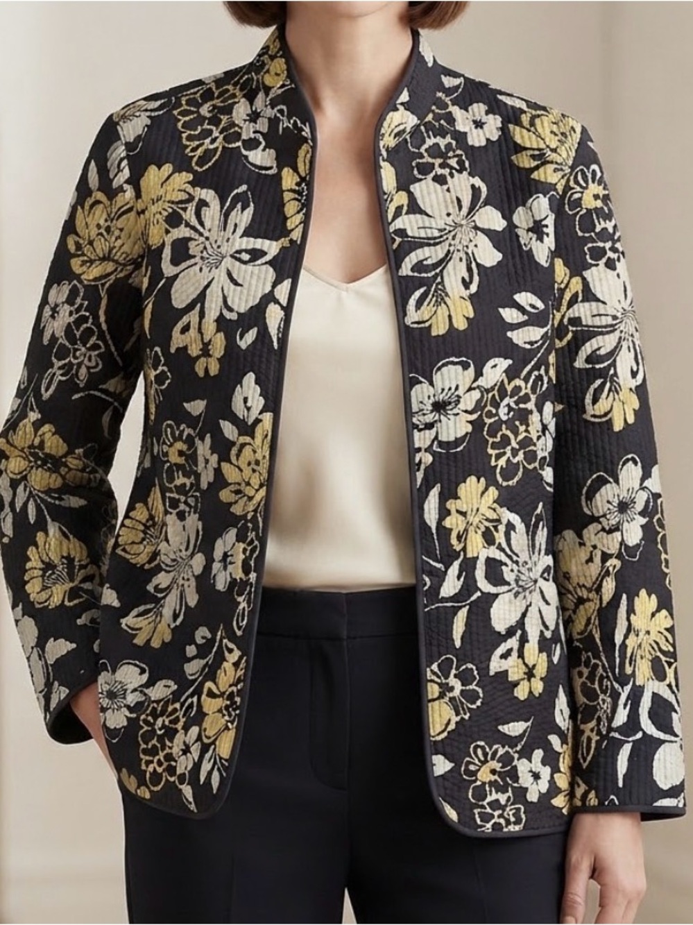 Alfred Dunner Woman Navy & Yellow Floral Quilted Jacket 18W